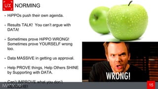 15
NORMING
• HiPPOs push their own agenda.
• Results TALK! You can’t argue with
DATA!
• Sometimes prove HiPPO WRONG!
Sometimes prove YOURSELF wrong
too.
• Data MASSIVE in getting us approval.
• Help PROVE things, Help Others SHINE
by Supporting with DATA.
• Can’t IMPROVE what you don’t
MEASURE!
 