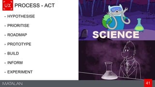 41
PROCESS - ACT
• HYPOTHESISE
• PRIORITISE
• ROADMAP
• PROTOTYPE
• BUILD
• INFORM
• EXPERIMENT
 