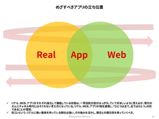 めざすべきアプリの立ち位置 
Real App Web 
 リアル、WEB、アプリがそれぞれ独立して機能している状態は、一見役割分担がはっきりしていて好ましいように思えるが、現代の 
オムニチャネル時代にはそぐわない考え方になっている。リアル、WEB、アプリが相互連携し、「ひとつは全て。全てはひとつ」の形 
であることが理想。 
 街コンという、リアルに強い基板を持っている御社は強い。その強みを活かし、競合との優位性を保っていくべき。 
©Katsuhiro Shimizu 11 
 
