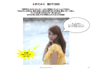 ★ポイント② 助けて！SOS 
「話相手がいなくなっちゃった・・・」なんて孤独なシチュエーションでも安心。 
「SOSボタン」を押せば、事前に設定した条件の相手(例：２0代男性、趣味：スポーツ等)に、 
チャットのお誘いのお知らせを一斉に送れるぞ！ 
なかなか良い出会いがなく時間をムダにするリスクを回避！ 
あ…すいません 
ちょっと時間空いちゃって。 
良かったらお話しませんか？ 
©Katsuhiro Shimizu 20 
王子様 
キターーーー！！！ 
ヽ(≧▽≦)ﾉ 
©@レイ 
 