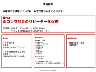 実施概要 
本施策の目標等については、以下の設計が考えられます。 
■KGI 
街コン参加者のリピーター化促進 
目標値：参加者リピート率 対前年比120% 
アプリを利用した方の50%がリピート。 
©Katsuhiro Shimizu 23 
■KPI 
・アプリDL数 
目標値： 
参加者の50%がアプリDL。 
・アプリ使用アクティブ率 
目標値： 
DL社の80%がアプリ利用。 
■想定見積り 
初期構築：500万 
＜作業項目＞ 
・全体ディレクション 
・要件定義 
・設計書作成 
・デザイン 
・開発 
・検証/納品 
・サーバー 
運用：50万/月 
・アプリ保守 
※上記金額は想定見積です。 
詳細は受託ベンダー様に改めてご相談下さい。 
■開発方針 
・開発ベンダー様に 
依頼想定。 
 