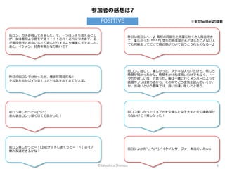 参加者の感想は？ 
POSITIVE 
街コン、ガチ参戦してきました。で、一つはっきり言えること 
が、女は普段より倍モテる！！！！これ！これにつきます。私 
が普段男性とお会いしたり遊んだりするより確実にモテました。 
あと、イケメン、好青年率かなり高いです！ 
※全てTwitterより抜粋 
©Katsuhiro Shimizu 6 
昨日の街コンで分かったが、俺まだ現役だね！ 
ヤル気を出せばイケる！けどヤル気を出すまでが大変。 
街コン楽しかったー(^-^) 
あんま合コンっぽくなくて良かった！ 
街コン楽しかったー！LINEゲットしまくったー！ヽ(･ω･)ノ 
飲み友達できるかな？ 
昨日は街コンへ～♪ 高校の同級生と先輩にたくさん再会でき 
て、楽しかった(*^^*) 学生の時はほとんど話したことない人 
でも同級生ってだけで親近感がわいて会うとうれしくなるー♪ 
街コン。総じて、楽しかった。ステキな人もいたけど、何しろ 
時間が短かったかな。時間をかければ良いわけでもなく、トー 
ク力が欲しいな、と思った。後は一緒に行くメンバーによって 
話題やノリは変わるから、その中でどう空気を読んでいくか、 
か。出逢いという意味では、良い出逢いをしたと思う。 
街コン楽しかった！メアドを交換した女子大生と全く連絡繋が 
らないけど！楽しかった！ 
街コンよかた＼(^o^)／イケメンサーファー本当にいたww 
 