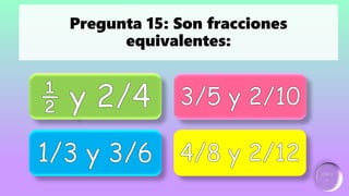 Ganador:
2 puntos
Incorrecto
Incorrecto Incorrecto
Pregunta 15: Son fracciones
equivalentes:
 