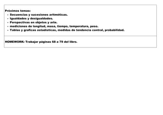 Próximos temas:
- Secuencias y sucesiones aritméticas.
- Igualdades y desigualdades.
- Perspectivas en objetos y arte.
- mediciones de longitud, masa, tiempo, temperatura, peso.
- Tablas y graficas estadísticas, medidas de tendencia central, probabilidad.
HOMEWORK: Trabajar páginas 68 a 79 del libro.
 