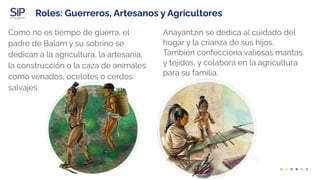 Roles: Guerreros, Artesanos y Agricultores
Como no es tiempo de guerra, el
padre de Balam y su sobrino se
dedican a la agricultura, la artesanía,
la construcción o la caza de animales
como venados, ocelotes o cerdos
salvajes.
Anayantzin se dedica al cuidado del
hogar y la crianza de sus hijos.
También confecciona valiosas mantas
y tejidos, y colabora en la agricultura
para su familia.
 