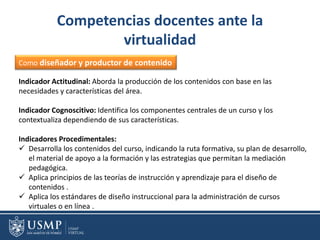 Competencias docentes ante la
virtualidad
Como diseñador y productor de contenido
Indicador Actitudinal: Aborda la producción de los contenidos con base en las
necesidades y características del área.
Indicador Cognoscitivo: Identifica los componentes centrales de un curso y los
contextualiza dependiendo de sus características.
Indicadores Procedimentales:
 Desarrolla los contenidos del curso, indicando la ruta formativa, su plan de desarrollo,
el material de apoyo a la formación y las estrategias que permitan la mediación
pedagógica.
 Aplica principios de las teorías de instrucción y aprendizaje para el diseño de
contenidos .
 Aplica los estándares de diseño instruccional para la administración de cursos
virtuales o en línea .
 