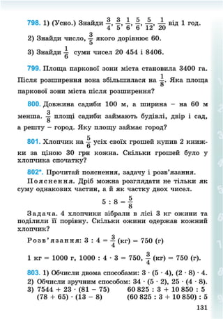 798. 1) (Усно.) Знайди | , А ± від 1 год.
З
2) Знайди число, — якого дорівнює 60.
5
3) Знайди суми чисел 20 454 і 8406.
о
799. Площа паркової зони міста становила 3400 га.
Після розширення вона збільшилася на Яка площаопаркової зони міста після розширення?
800. Довжина садиби 100 м, а ширина - на 60 м
менша. площі садиби займають будівлі, двір і сад,
о
а решту - город. Яку площу займає город?
5
801. Хлопчик на — усіх своїх грошей купив 2 книж-
о
ки за ціною ЗО грн кожна. Скільки грошей було у
хлопчика спочатку?
802*. Прочитай пояснення, задачу і розв'язання.
П о я с н е н н я . Дріб можна розглядати не тільки як
суму однакових частин, а й як частку двох чисел.
5 : 8 = |
З а д а ч а . 4 хлопчики зібрали в лісі 3 кг ожини та
поділили її порівну. Скільки ожини одержав кожний
хлопчик?
Р о з в ' я з а н н я : 3 : 4 = (кг) = 750 (г)
1 кг = 1000 г, 1000 : 4 • 3 = 750, | (кг) = 750 (г).
803. 1) Обчисли двома способами: 3 • (5 • 4), (2 • 8) • 4.
2) Обчисли зручним способом: 34 • (5 • 2), 25 • (4 • 8).
3) 7544 + 23 • (81 - 75) 60 825 : 3 + 10 850 : 5
(78 + 65) • (13 - 8) (60 825 : 3 + 10 850) : 5
131
8NEXT.COM
 