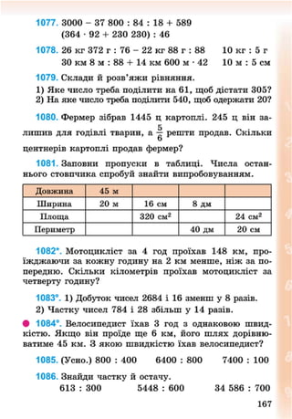 1077. 3000 - 37 800 : 84 : 18 + 589
(364 • 92 + 230 230) : 46
1078. 26 кг 372 г : 76 - 22 кг 88 г : 88 10 кг : 5 г
ЗО км 8 м : 88 + 14 км 600 м • 42 10 м : 5 см
1079. Склади й розв'яжи рівняння.
1) Яке число треба поділити на 61, щоб дістати 305?
2) На яке число треба поділити 540, щоб одержати 20?
1080. Фермер зібрав 1445 ц картоплі. 245 ц він за-
лишив для годівлі тварин, а решти продав. Скільки
о
центнерів картоплі продав фермер?
1081. Заповни пропуски в таблиці. Числа остан
нього стовпчика спробуй знайти випробовуванням.
Довжина 45 м
Ширина 20 м 16 см 8 дм
Площа 320 см2
24 см2
Периметр 40 дм 20 см
1082*. Мотоцикліст за 4 год проїхав 148 км, про-
їжджаючи за кожну годину на 2 км менше, ніж за по-
передню. Скільки кілометрів проїхав мотоцикліст за
четверту годину?
1083°. 1) Добуток чисел 2684 і 16 зменш у 8 разів.
2) Частку чисел 784 і 28 збільш у 14 разів.
+ 1084°. Велосипедист їхав 3 год з однаковою швид-
кістю. Якщо він проїде ще 6 км, його шлях дорівню-
ватиме 45 км. З якою швидкістю їхав велосипедист?
1085. (Усно.) 800 : 400 6400 : 800 7400 : 100
1086. Знайди частку й остачу.
613 : 300 5448 : 600 34 586 : 700
167
8NEXT.COM
 