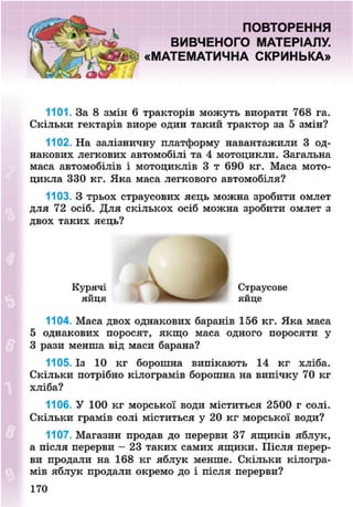 ПОВТОРЕННЯ
ВИВЧЕНОГО МАТЕРІАЛУ.
«МАТЕМАТИЧНА СКРИНЬКА»
1101. За 8 змін 6 тракторів можуть виорати 768 га.
Скільки гектарів виоре один такий трактор за 5 змін?
1102. На залізничну платформу навантажили 3 од-
накових легкових автомобілі та 4 мотоцикли. Загальна
маса автомобілів і мотоциклів 3 т 690 кг. Маса мото-
цикла 330 кг. Яка маса легкового автомобіля?
1103. З трьох страусових яєць можна зробити омлет
для 72 осіб. Для скількох осіб можна зробити омлет з
двох таких яєць?
1104. Маса двох однакових баранів 156 кг. Яка маса
5 однакових поросят, якщо маса одного поросяти у
З рази менша від маси барана?
1105. Із 10 кг борошна випікають 14 кг хліба.
Скільки потрібно кілограмів борошна на випічку 70 кг
хліба?
1106. У 100 кг морської води міститься 2500 г солі.
Скільки грамів солі міститься у 20 кг морської води?
1107. Магазин продав до перерви 37 ящиків яблук,
а після перерви - 23 таких самих ящики. Після перер-
ви продали на 168 кг яблук менше. Скільки кілогра-
мів яблук продали окремо до і після перерви?
Курячі
яйця
Страусове
яйце
170
8NEXT.COM
 