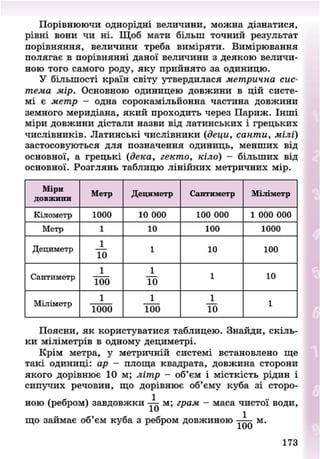 Порівнюючи однорідні величини, можна дізнатися,
рівні вони чи ні. Щоб мати більш точний результат
порівняння, величини треба виміряти. Вимірювання
полягає в порівнянні даної величини з деякою величи-
ною того самого роду, яку прийнято за одиницю.
У більшості країн світу утвердилася метрична сис-
тема мір. Основною одиницею довжини в цій систе-
мі є метр - одна сорок амільйонна частина довжини
земного меридіана, який проходить через Париж. Інші
міри довжини дістали назви від латинських і грецьких
числівників. Латинські числівники (деци, санти, мілі)
застосовуються для позначення одиниць, менших від
основної, а грецькі (дека, гекто, кіло) - більших від
основної. Розглянь таблицю лінійних метричних мір.
Міри
довжини
Метр Дециметр Сантиметр Міліметр
Кілометр 1000 10 000 100 000 1 000 000
Метр 1 10 100 1000
Дециметр
1
10
1 10 100
Сантиметр
1
100
1
10
1 10
Міліметр
1
1000
1
100
1
10
1
Поясни, як користуватися таблицею. Знайди, скіль-
ки міліметрів в одному дециметрі.
Крім метра, у метричній системі встановлено ще
такі одиниці: ар - площа квадрата, довжина сторони
якого дорівнює 10 м; літр - об'єм і місткість рідин і
сипучих речовин, що дорівнює об'єму куба зі сторо-
ною (ребром) завдовжки м; грам - маса чистої води,
що займає об'єм куба з ребром довжиною — м .
173
8NEXT.COM
 
