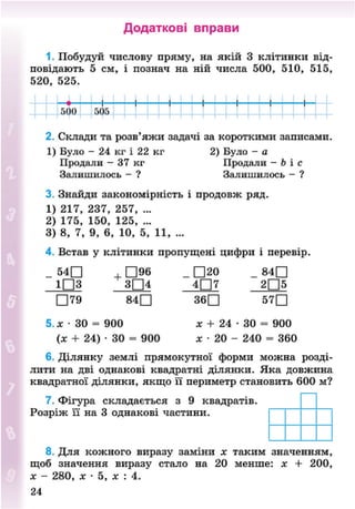 Додаткові вправи
1. Побудуй числову пряму, на якій 3 клітинки від-
повідають 5 см, і познач на ній числа 500, 510, 515,
520, 525.
й1 1 І І I I І |
500 505
2. Склади та розв'яжи задачі за короткими записами.
1) Було - 24 кг і 22 кг 2) Було - а
Продали - 37 кг Продали - Ь і с
Залишилось - ? Залишилось - ?
3. Знайди закономірність і продовж ряд.
1) 217, 237, 257, ...
2) 175, 150, 125, ...
3) 8, 7, 9, 6, 10, 5, 11, ...
4. Встав у клітинки пропущені цифри і перевір.
_ 5 4 П . О 9 6 _ Щ20 _ 8 4 •
1 Р З З Д 4 4Щ7 2Щ5
• 79 8 4 П 3 6 П 5 7 П
5. х • ЗО = 900 х + 24 • ЗО = 900
(х + 24) • 30 = 900 х • 20 - 240 = 360
6. Ділянку землі прямокутної форми можна розді-
лити на дві однакові квадратні ділянки. Яка довжина
квадратної ділянки, якщо її периметр становить 600 м?
7. Фігура складається з 9 квадратів.
Розріж її на 3 однакові частини.
8. Для кожного виразу заміни х таким значенням,
щоб значення виразу стало на 20 менше: х + 200,
х - 280, х • 5, х : 4.
24
8NEXT.COM
 