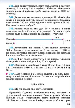 343. Для приготування бетону треба взяти 1 частину
цементу, 2 - піску і 4 - щебеню. Скільки кілограмів
окремо піску й щебеню треба взяти, якщо є 8000 кг
цементу?
344. До овочевого магазину привезли 10 мішків бу-
ряків і 5 ящиків цибулі, порівну в кожному. Загальна
маса овочів 780 кг. Маса одного мішка буряків 68 кг.
Яка маса ящика цибулі?
345. Корова дала за два удої 25 л молока. Уранці
вона дала на 3 л більше, ніж увечері. Скільки літрів
молока дала корова вранці та скільки - увечері?
Увечері • • )
346. Автомобіль на кожні 4 км шляху витрачає
360 г бензину, а мотоцикл на 3 км шляху - 120 г.
На скільки грамів бензину більше витрачає на відстані
1 км автомобіль, ніж мотоцикл?
347. Із 4 кг проса одержують 3 кг пшона. Скільки
кілограмів пшона вийде з 1 ц 20 кг проса?
348°. Запиши в копійках: 3 грн; 25 грн 5 к.; 10 грн
5 к. Порівняй: 1510 к. і 15 грн 10 к.; З т 50 кг і 8 ц
90 кг.
• 349°. Для 4 коней і 24 корів видали 2 ц сіна. Кож-
ному коневі давали 8 кг сіна. Скільки кілограмів сіна
давали кожній корові?
350. Що ти знаєш про час? Прочитай.
Пригадай! Одиниці вимірювання часу пов'язані з
рухом нашої планети навколо Сонця, рухом Місяця
навколо Землі, обертанням Землі навколо власної
осі. Земля робить повний оберт навколо Сонця при-
Уранці
З л
МІРИ ЧАСУ
55
8NEXT.COM
 