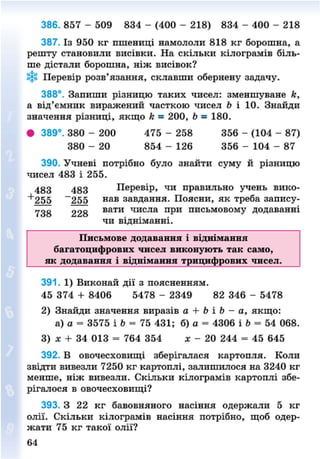 386. 857 - 509 834 - (400 - 218) 834 - 400 - 218
387. Із 950 кг пшениці намололи 818 кг борошна, а
решту становили висівки. На скільки кілограмів біль-
ше дістали борошна, ніж висівок?
*§* Перевір розв'язання, склавши обернену задачу.
388°. Запиши різницю таких чисел: зменшуване к,
а від'ємник виражений часткою чисел Ь і 10. Знайди
значення різниці, якщо к - 200, Ь = 180.
• 389°. 380 - 200 475 - 258 356 - (104 - 87)
380 - 20 854 - 126 356 - 104 - 87
390. Учневі потрібно було знайти суму й різницю
чисел 483 і 255.
483 483 Перевір, чи правильно учень вико-
+
255 "255 н а в
завдання. Поясни, як треба запису-
738 228 в а т и
числа при письмовому додаванні
чи відніманні.
Письмове додавання і віднімання
багатоцнфровнх чисел виконують так само,
як додавання і віднімання трицифрових чисел.
391. 1) Виконай дії з поясненням.
45 374 + 8406 5478 - 2349 82 346 - 5478
2) Знайди значення виразів а + Ь і Ь - а, якщо:
а) а = 3575 і Ь = 75 431; б) а = 4306 і Ь = 54 068.
3) я + 34 013 = 764 354 х - 20 244 = 45 645
392. В овочесховищі зберігалася картопля. Коли
звідти вивезли 7250 кг картоплі, залишилося на 3240 кг
менше, ніж вивезли. Скільки кілограмів картоплі збе-
рігалося в овочесховищі?
393. З 22 кг бавовняного насіння одержали 5 кг
олії. Скільки кілограмів насіння потрібно, щоб одер-
жати 75 кг такої олії?
8NEXT.COM
 