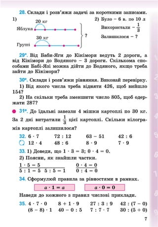 28. Склади і розв'яжи задачі за короткими записами.
1) 2 0 к г 2) Було - 6 в. по 10 л
Яблука
Груші і-
30 кг
/ — х
Використали - —
о
Залишилося - ?
29*. Від Баби-Яги до Кікімори ведуть 2 дороги, а
від Кікімори до Водяного - 3 дороги. Скількома спо-
собами Бабі-Язі можна дійти до Водяного, якщо треба
зайти до Кікімори?
30°. Склади і розв'яжи рівняння. Виконай перевірку.
1) Від якого числа треба відняти 426, щоб вийшло
154?
2) На скільки треба зменшити число 805, щоб одер-
жати 287?
• 31°. До їдальні завезли 4 мішки картоплі по ЗО кг.
За 2 дні витратили — цієї картоплі. Скільки кілогра-
о
мів картоплі залишилося?
32. 6 • 7 72 : 12 63 - 51 42 : 6
О 1 2 - 4 48 : 6 8 - 9 7 - 9
33. 1) Доведи, що 1 • 3 = 3; 0 • 4 = 0.
2) Поясни, я к знайшли частки.
1 - 5 = 5 0 - 4 = 0
5 : 1 = 5 5 : 5 = 1 0 : 4 = 0
34. Сформулюй правила за рівностями в рамках.
а • 1 = а а - 0 = 0
Наведи до кожного з правил числові приклади.
35. 4 • 7 • 0 8 + 1 - 9 27 : 3 : 9 42 : (7 - 0)
(8 - 8) • 1 40 - 0 : 5 7 : 7 - 7 ЗО : (5 + 0)
8NEXT.COM
 