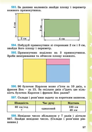 593. За даними малюнків знайди площу і периметр
кожного прямокутника.
594. Побудуй прямокутник зі сторонами 2 см і 3 см,
знайди його площу і периметр.
595. Прямокутник поділено на 3 прямокутники.
Зроби вимірювання та обчисли площу кожного.
596. 90 булочок Карлсон може з'їсти за 10 днів, а
фрекен Бок - за 15. За скільки днів з'їдять цю кіль-
кість булочок Карлсон і фрекен Бок разом?
597. Склади і розв'яжи задачу за коротким записом.
Швидкість Час руху Відстань
60 км/год
? однаковий
180 км
48 км
598. Невідоме число збільшили у 7 разів і дістали
987. Знайди невідоме число. (Склади і розв'яжи рів-
няння.)
97
8NEXT.COM
 