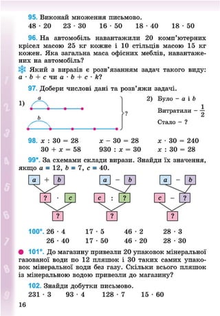 95. Виконай множення письмово.
48 - 2 0 23 • ЗО 16 - 5 0 18 • 40 18 • 50
96. На автомобіль навантажили 20 комп'ютерних
крісел масою 25 кг кожне і 10 стільців масою 15 кг
кожен. Яка загальна маса офісних меблів, навантаже-
них на автомобіль?
Зі§* Який з виразів є розв'язанням задач такого виду:
а • Ь + с чи а • Ь + с • к*І
1)
97. Добери числові дані та розв'яжи задачі.
а 2) Було - а і Ь
98. х : ЗО = 28
30 + лг = 58
х - 30 = 28
930 : х = 30
Витратили - —
А
Стало - ?
х • 30 = 240
х : ЗО = 28
99*. За схемами склади вирази. Знайди їх значення,
якщо а = 12, Ь = 7, с - 40.
а - Ь а - Ь
100°. 26 - 4 17 - 5 46 - 2 2 8 - 3
26 - 4 0 17 • 50 46 -20 28 • ЗО
• 101°. До магазину привезли 20 упаковок мінеральної
газованої води по 12 пляшок і 30 таких самих упако-
вок мінеральної води без газу. Скільки всього пляшок
із мінеральною водою привезли до магазину?
102. Знайди добутки письмово.
2 3 1 - 3 93 - 4 128 - 7 15 - 6 0
8NEXT.COM
 