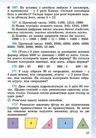 • 166°. На зупинці з автобуса вийшло к пасажирів,
а залишилося - у 3 рази більше. Скільки пасажирів
було в автобусі? Склади вираз для розв'язування зада-
чі та обчисли його, якщо к = 12.
167. 1) Прочитай числа: 1005; 1100; 1214; 1999.
2) Назви «сусідів» кожного числа: 345; 1345; 1000.
3) Запиши цифрами числа: тисяча двісті сімдесят;
тисяча шістсот; тисяча шістдесят-, тисяча шість.
4) Поясни, як можна одержати число дві тисячі.
1999 + 1 = 1000 + (999 + 1) = 1000 + 1000 = 2000
168. Прочитай числа: 1000; 2000; 3000; 4000; 5000;
6000; 7000; 8000; 9000; 10 000.
169. (Усно.) З двох однакових за розмірами ділянок
фермер зібрав 5000 кг пшениці і 4000 кг жита. Скіль-
ки всього кілограмів зерна зібрав фермер? На скільки
більше кілограмів пшениці, ніж жита, зібрав фермер?
170. 380 : 20 900 : 20 900 : 5 480 : 40
171. У саду зібрали 36 кг смородини, малини - у
З рази менше, ніж смородини, аґрусу - у 5 разів біль-
ше, ніж малини. На скільки кілограмів більше зібра-
ли аґрусу, ніж смородини?
172. Двоє столярів відремонтували за 5 днів 80 сто-
лів. Щодня кожний з них ремонтував однакову кіль-
кість столів. Скільки столів ремонтував один столяр за
один день?
35§* Розв'яжи задачу іншим способом.
173*. Розподіли множину фігур на дві підмножини
(групи): прямокутники та не прямокутники. За якою
ще ознакою можна поділити множину фігур на дві
підмножини?
^ А Ш Аі
27
8NEXT.COM
 