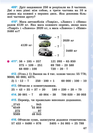409*. Дріт завдовжки 250 м розрізали на 3 частини.
Дві з них рівні між собою, а третя частина на 10 м
довша від кожної з перших двох. Яка довжина біль-
шої частини дроту?
410°. Маса автомобілів «Таврія», «Ланос» і «Нива»
разом 4120 кг. Яка маса кожного окремо, якщо маса
«Таврії» і «Ланоса» 2020 кг, а маса «Ланоса» і «Ниви»
3460 кг?
4120 кг <
2020 кг
3460 кг
411°. 56 + 185 + 357
375 + 109 - 251
68 000 : 100
121 393 - 65 850
69 760 - 23 580
720 - 2 0 - 7
412. (Усно.) 1) Зменш на 4 тис. кожне число: 55 778;
9000; 60 000; 4375.
2) 1 • 12 - 7 250 • 100 + 1 60 000 : 100 - 10
413. Обчисли з коментуванням.
25 + 43 + 35 + 37 + 20 180 + 230 + 20 + 70
414. ЗО 001 - 7 40 004 - 38 700 020 - 30 003
415. Перевір, чи правильно виконано додавання.
2745 . 945
6549
275
+
І45 803
9569
97
46 845
416. Обчисли суми, записуючи доданки стовпчиком.
57 453 + 8480 + 876 3405 + 34 005 + 25 788
67
8NEXT.COM
 