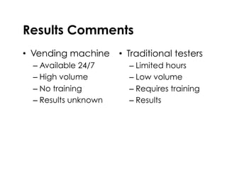 Results Comments
•  Vending machine
– Available 24/7
– High volume
– No training
– Results unknown
•  Traditional testers
– Limited hours
– Low volume
– Requires training
– Results
 