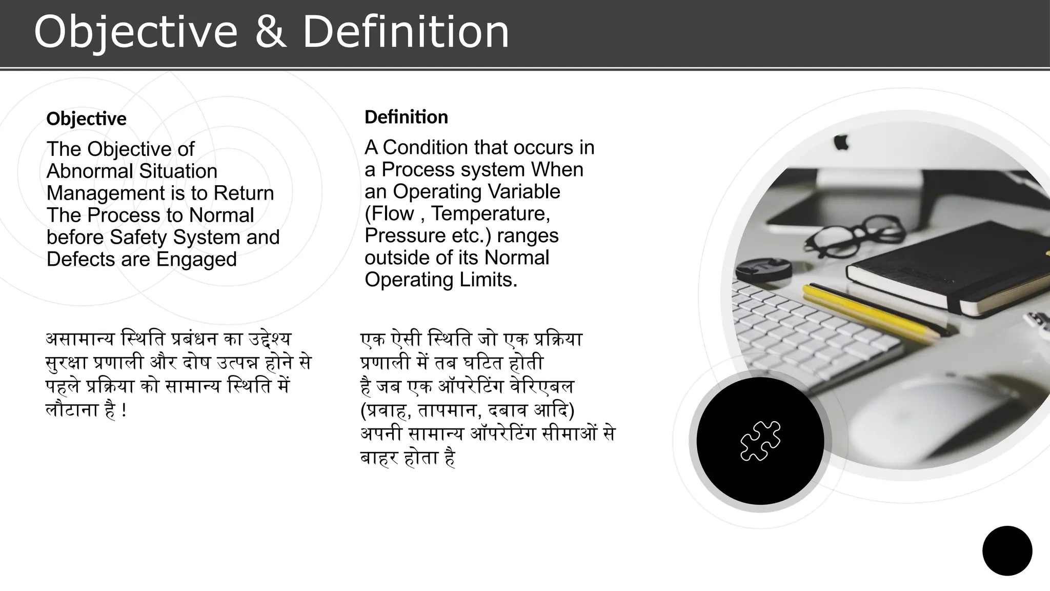 Objective & Definition
Definition
A Condition that occurs in
a Process system When
an Operating Variable
(Flow , Temperature,
Pressure etc.) ranges
outside of its Normal
Operating Limits.
Objective
The Objective of
Abnormal Situation
Management is to Return
The Process to Normal
before Safety System and
Defects are Engaged
असामान्य स्थिति प्रबंधन का उद्देश्य
सुरक्षा प्रणाली और दोष उत्पन्न होने से
पहले प्रक्रिया को सामान्य स्थिति में
लौटाना है !
एक ऐसी स्थिति जो एक प्रक्रिया
प्रणाली में तब घटित होती
है जब एक ऑपरेटिंग वेरिएबल
(प्रवाह, तापमान, दबाव आदि)
अपनी सामान्य ऑपरेटिंग सीमाओं से
बाहर होता है
 
