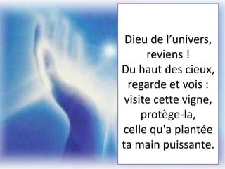 Dieu de l’univers,
reviens !
Du haut des cieux,
regarde et vois :
visite cette vigne,
protège-la,
celle qu'a plantée
ta main puissante.
 