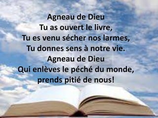 Agneau de Dieu
Tu as ouvert le livre,
Tu es venu sécher nos larmes,
Tu donnes sens à notre vie.
Agneau de Dieu
Qui enlèves le péché du monde,
prends pitié de nous!
 