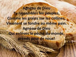 Agneau de Dieu
Tu rassembles les peuples,
Comme les grains sur les collines,
Viennent se fondre au même pain.
Agneau de Dieu
Qui enlèves le péché du monde,
prends pitié de nous!
 