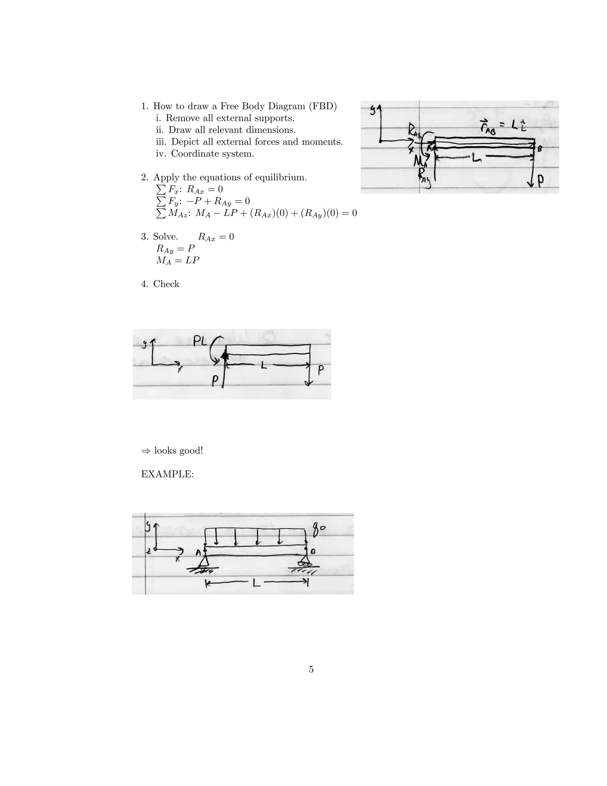 1. How to draw a Free Body Diagram (FBD)
i. Remove all external supports.
ii. Draw all relevant dimensions.
iii. Depict all external forces and moments.
iv. Coordinate system.
2. Apply the equations of equilibrium.
Fx: RAx = 0
Fy: −P + RAy = 0
MAz: MA − LP + (RAx)(0) + (RAy)(0) = 0
3. Solve. RAx = 0
RAy = P
MA = LP
4. Check
⇒ looks good!
EXAMPLE:
5
 