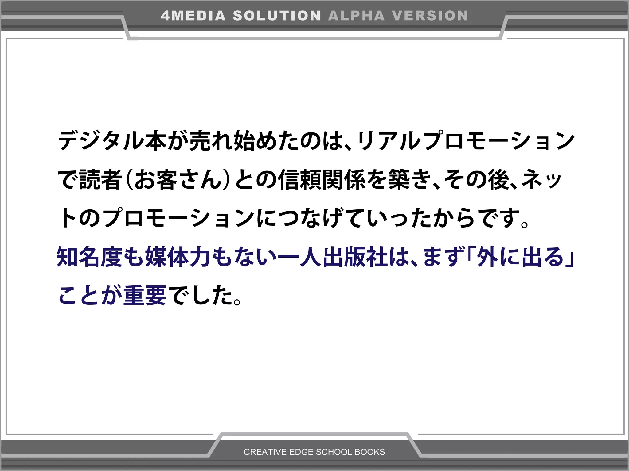 CREATIVE EDGE SCHOOL BOOKS
4MEDIA SOLUTION ALPHA VERSION
デジタル本が売れ始めたのは、リアルプロモーション
で読者（お客さん）との信頼関係を築き、その後、ネッ
トのプロモーションにつなげていったからです。
知名度も媒体力もない一人出版社は、まず「外に出る」
ことが重要でした。
 