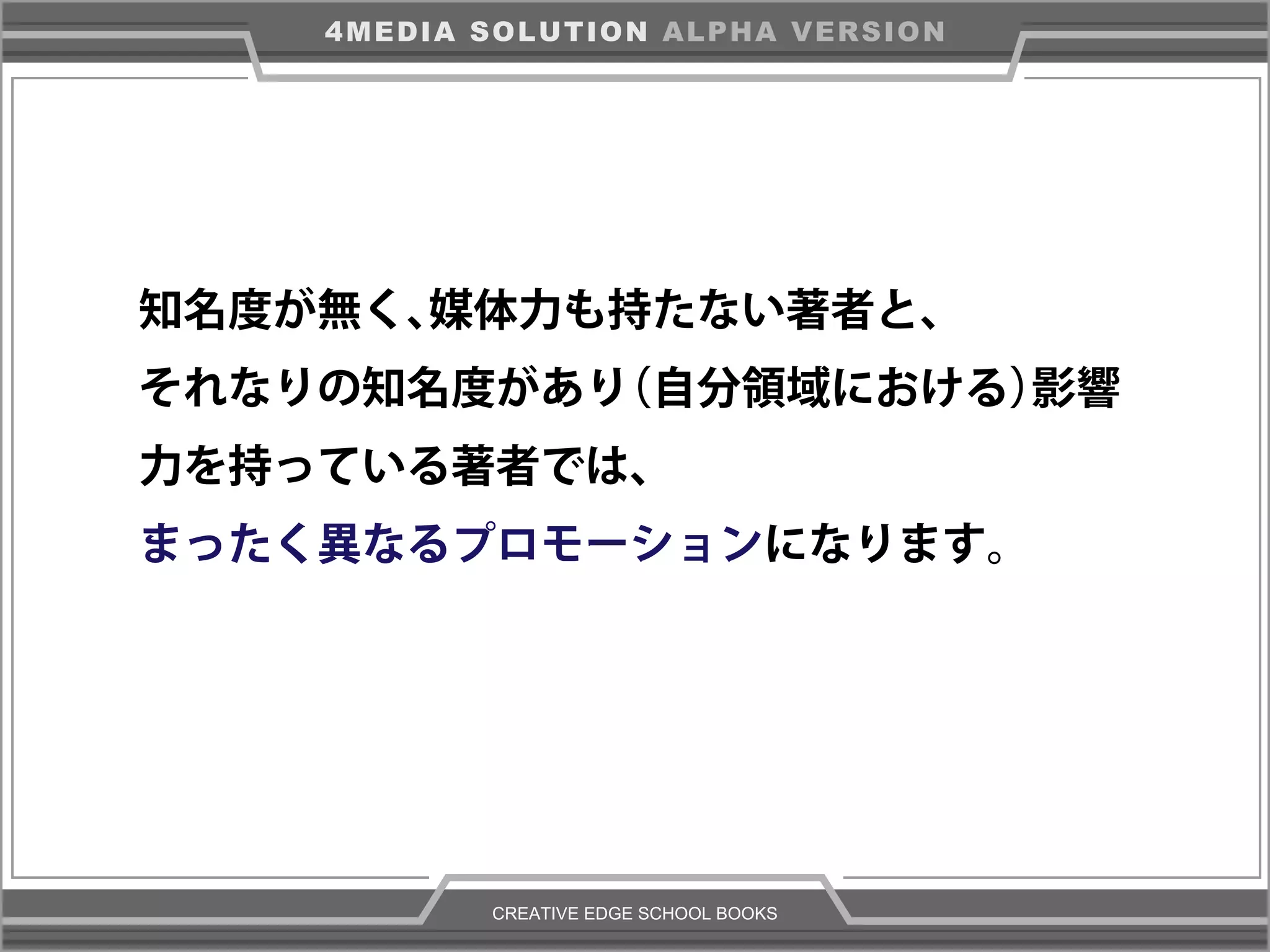 CREATIVE EDGE SCHOOL BOOKS
4MEDIA SOLUTION ALPHA VERSION
知名度が無く、媒体力も持たない著者と、
それなりの知名度があり（自分領域における）影響
力を持っている著者では、
まったく異なるプロモーションになります。
 