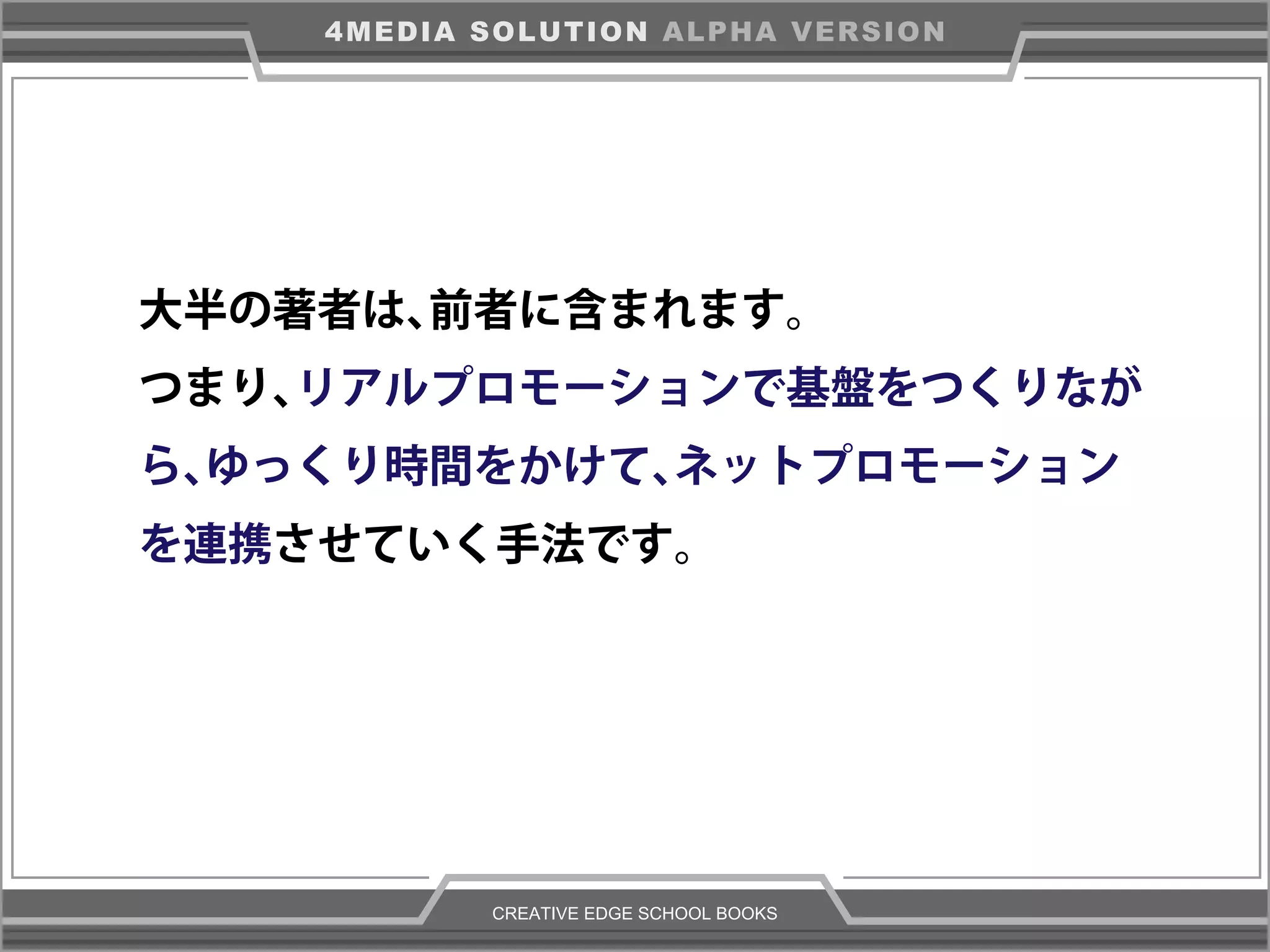 CREATIVE EDGE SCHOOL BOOKS
4MEDIA SOLUTION ALPHA VERSION
大半の著者は、前者に含まれます。
つまり、リアルプロモーションで基盤をつくりなが
ら、ゆっくり時間をかけて、ネットプロモーション
を連携させていく手法です。
 