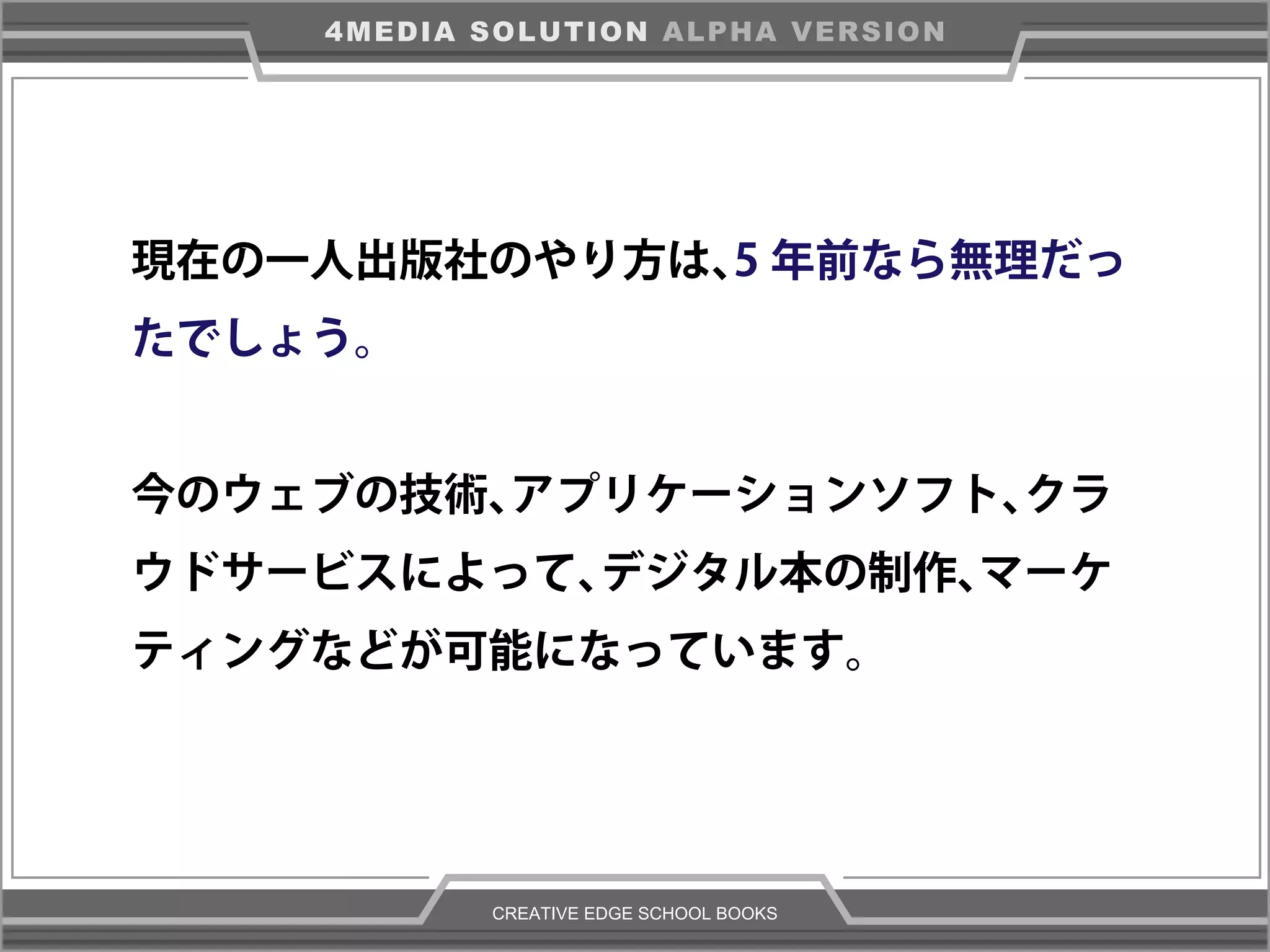 CREATIVE EDGE SCHOOL BOOKS
4MEDIA SOLUTION ALPHA VERSION
現在の一人出版社のやり方は、5 年前なら無理だっ
たでしょう。
今のウェブの技術、アプリケーションソフト、クラ
ウドサービスによって、デジタル本の制作、マーケ
ティングなどが可能になっています。
 