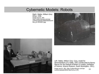 10
Cybernetic Models: Robots
Right: Walter, William Grey:
Elmer, 1948.
Image source: URL:
http://cyberneticzoo.com/wp-
content/uploads/2009/09/ElmerHi
Res_p3-1024x813.jpg.
Left: Walter, William Grey: Cora, model for
demonstrations on a table, 1951 (constructed by Bunny
Warren for the Festival of Britain in London, Exhibition
of Science, Science Museum, South Kensington, 1951).
Image source: URL: http://cyberneticzoo.com/wp-
content/uploads/WGW-NewYork-p1.JPG
 