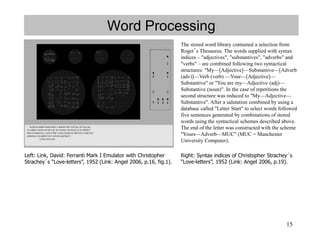 15
Word Processing
Left: Link, David: Ferranti Mark I Emulator with Christopher
Strachey´s “Love-letters”, 1952 (Link: Angel 2006, p.16, fig.1).
The stored word library contained a selection from
Roget´s Thesaurus. The words supplied with syntax
indices – "adjectives", "substantives", "adverbs" and
"verbs" – are combined following two syntactical
structures: "My—[Adjective]—Substantive—[Adverb
(adv)]—Verb (verb) —Your—[Adjective]—
Substantive" or "You are my—Adjective (adj)—
Substantive (noun)". In the case of repetitions the
second structure was reduced to "My—Adjective—
Substantive". After a salutation combined by using a
database called "Letter Start" to select words followed
five sentences generated by combinations of stored
words using the syntactical schemes described above.
The end of the letter was constructed with the scheme
"Yours—Adverb—MUC" (MUC = Manchester
University Computer).
Right: Syntax indices of Christopher Strachey´s
“Love-letters”, 1952 (Link: Angel 2006, p.19).
 