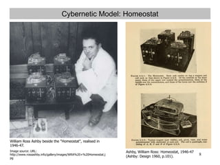8
Cybernetic Model: Homeostat
Ashby, William Ross: Homeostat, 1946-47
(Ashby: Design 1960, p.101).
William Ross Ashby beside the "Homeostat", realised in
1946-47.
Image source: URL:
http://www.rossashby.info/gallery/images/WRA%20+%20Homeostat.j
pg
 