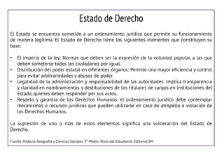 Estado de Derecho
Definición de Estado de Derecho
El Estado se encuentra sometido a un ordenamiento jurídico que permite su funcionamiento
de manera legítima. El Estado de Derecho tiene los siguientes elementos que constituyen su
base:
•
•
•
•

El imperio de la ley: Normas que deben ser la expresión de la voluntad popular, a las que
deben someterse todos los ciudadanos por igual.
Distribución del poder estatal en diferentes órganos: Permite una mayor eficiencia y control
para evitar arbitrariedades y abusos de poder.
Legalidad de la administración y responsabilidad de las autoridades: Implica transparencia
y claridad en nombramientos y destituciones de los titulares de cargos en instituciones del
Estado, quienes deben responder por sus actos.
Respeto y garantía de los Derechos Humanos: el ordenamiento jurídico debe contemplar
mecanismos o recursos jurídicos que pueden utilizarse en caso de atropello o violación de
los Derechos Humanos.

La supresión de uno o más de estos elementos significa una vulneración del Estado de
Derecho.
Fuente. Historia, Geografía y Ciencias Sociales 3° Medio. Texto del Estudiante. Editorial SM

 