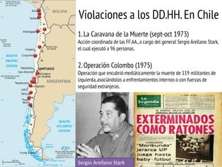 Violaciones a los DD.HH. En Chile
1. La Caravana de la Muerte (sept-oct 1973)
Acción coordinada de las FF.AA., a cargo del general Sergio Arellano Stark,
el cual ejecutó a 96 personas.

2. Operación Colombo (1975)
Operación que encubrió mediáticamente la muerte de 119 militantes de
izquierda, asociándolos a enfrentamientos internos o con fuerzas de
seguridad extranjeras.

Sergio Arellano Stark

 