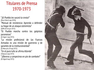 Titulares de Prensa
1970-1973
“¡El Pueblo les sacará la cresta!”
(Puro Chile 6 sep 1970)

“Manual de resistencia: Aprenda a defender
su hogar de un ataque extremista”
(SEPA 20-26 jun 1972)

“El Pueblo marcha contra los golpistas
paranoicos”
(El Siglo 1 sep 1972)

“La misión profesional de las Fuerzas
Armadas es una misión de guerreros y de
garantes de la institucionalidad”
(El Mercurio 19 sep 1972)

“En el puro tufo se afirma Allende”
(Tribuna 6 sep 1973)

“¡Obreros y campesinos en pie de combate!”
(El Siglo 8 sep 1973)

 