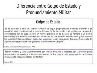 Diferencia entre Golpe de Estado y
Pronunciamiento Militar
Golpe de Estado
“Es el acto por el cual las Fuerzas Armadas (o algún grupo político o social) deponen a la
autoridad civil constitucional a través del uso de la fuerza (lo cual implica un cambio de
autoridades) con lo cual se abre un nuevo gobierno (si es el caso, se nombra a un nuevo
presidente), o se establece un régimen militar, por lo cual quienes encabezan el golpe asumen
los puestos de las autoridades depuestas y rearman según sus propios designios (con ayuda de
algunos civiles) el sistema de gobierno y administrativo del país”.
Fuente. Enciclopedia Microsoft Encarta 2000

“Acción violenta y rápida, generalmente por fuerzas militares o rebeldes, por la que un grupo
determinado se apodera o intenta apoderarse de los resortes del gobierno de un Estado,
desplazando a las autoridades existentes”.
Fuente. RAE

 