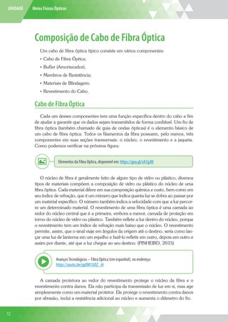 UNIDADE Meios Físicos Ópticos
Composição de Cabo de Fibra Óptica
Um cabo de fibra óptica típico consiste em vários componentes:
•	 Cabo de Fibra Óptica;
•	 Buffer (Amortecedor);
•	 Membros de Resistência;
•	 Materiais de Blindagem;
•	 Revestimento do Cabo.
Cabo de Fibra Óptica
Cada um desses componentes tem uma função específica dentro do cabo a fim
de ajudar a garantir que os dados sejam transmitidos de forma confiável. Um fio de
fibra óptica (também chamado de guia de ondas ópticas) é o elemento básico de
um cabo de fibra óptica. Todos os filamentos da fibra possuem, pelo menos, três
componentes em suas seções transversais: o núcleo, o revestimento e a jaqueta.
Como podemos verificar na próxima figura:
Elementos da Fibra Optica, disponível em: https://goo.gl/vA7gJM
Explor
O núcleo de fibra é geralmente feito de algum tipo de vidro ou plástico, diversos
tipos de materiais compõem a composição de vidro ou plástico do núcleo de uma
fibra óptica. Cada material difere em sua composição química e custo, bem como em
seu índice de refração, que é um número que indica quanta luz se dobra ao passar por
um material específico. O número também indica a velocidade com que a luz percor-
re um determinado material. O revestimento de uma fibra óptica é uma camada ao
redor do núcleo central que é a primeira, embora a menor, camada de proteção em
torno do núcleo de vidro ou plástico. Também reflete a luz dentro do núcleo, porque
o revestimento tem um índice de refração mais baixo que o núcleo. O revestimento
permite, assim, que o sinal viaje em ângulos da origem até o destino, seria como lan-
çar uma luz de lanterna em um espelho e fazê-lo refletir em outro, depois em outro e
assim por diante, até que a luz chegue ao seu destino. (PINHEIRO, 2015)
AvançosTecnológicos – Fibra Optica (em espanhol), no endereço:
https://youtu.be/ypOM1UOZ_J4
Explor
A camada protetora ao redor do revestimento protege o núcleo da fibra e o
revestimento contra danos. Ela não participa da transmissão de luz em si, mas age
simplesmente como um material protetor. Ele protege o revestimento contra danos
por abrasão, inclui a resistência adicional ao núcleo e aumenta o diâmetro do fio.
12
 