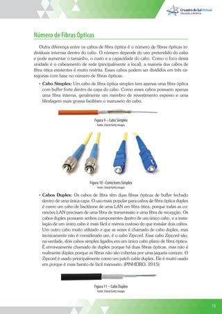 19
Número de Fibras Ópticas
Outra diferença entre os cabos de fibra óptica é o número de fibras ópticas in-
dividuais internas dentro do cabo. O número depende do uso pretendido do cabo
e pode aumentar o tamanho, o custo e a capacidade do cabo. Como o foco desta
unidade é o cabeamento de rede (pincipalmente a local), a maioria dos cabos de
fibra ótica existentes é muito restrita. Esses cabos podem ser divididos em três ca-
tegorias com base no número de fibras ópticas:
• Cabo Simplex: Um cabo de fibra óptica simplex tem apenas uma fibra óptica
com buffer forte dentro da capa do cabo. Como esses cabos possuem apenas
uma fibra interna, geralmente um membro de revestimento espesso e uma
blindagem mais grossa facilitam o manuseio do cabo.
Figura 9 – Cabo Simplex
Fonte: iStock/Getty Images
Figura 10 –Conectores Simplex
Fonte: iStock/Getty Images
• Cabos Duplex: Os cabos de fibra têm duas fibras ópticas de buffer fechado
dentro de uma única capa. O uso mais popular para cabos de fibra óptica duplex
é como um cabo de backbone de uma LAN em fibra ótica, porque todas as co-
nexões LAN precisam de uma fibra de transmissão e uma fibra de recepção. Os
cabos duplex possuem ambos componentes dentro de um único cabo, e a insta-
lação de um único cabo é mais fácil e menos custoso do que instalar dois cabos.
Um outro cabo muito utilizado e que as vezes é chamado de cabo duplex, mas
tecnicamente não é considerado um, é o cabo Zipcord. Esse cabo Zipcord são,
na verdade, dois cabos simplex ligados em um único cabo plano de fibra óptica.
É erroneamente chamado de duplex porque há duas fibras ópticas, mas não é
realmente dúplex porque as fibras não são cobertas por uma jaqueta comum. O
Zipcord é usado principalmente como um patch cable duplex. Ele é muito usado
em porque é mais barato de fácil manuseio. (PINHEIRO, 2015)
Figura 11 – Cabo Duplex
Fonte: iStock/Getty Images
19
 