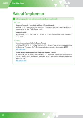 UNIDADE Meios Físicos Ópticos
Material Complementar
Indicações para saber mais sobre os assuntos abordados nesta Unidade:
 Livros
Cabeamento Estruturado – Desvendando Cada Passo: Do Projeto à Instalação
MARIN, P. S. Cabeamento Estruturado – Desvendando Cada Passo: Do Projeto à
Instalação, v. 1. São Paulo: Érica, 2008.
Cabeamento de Rede
SHIMONSKI, R. J.; STEINER, R.; SHEEDY, S. Cabeamento de Rede. São Paulo:
LTC, 2010.
 Leitura
GenericTelecommunications Cabling for Customer Premises
NORMA TÉCNICA: ANSI/TIA/EIA-568-C.0 - Generic Telecommunications Cabling
for Customer Premises. EUA: Telecommunications Industry Association, 2009.
https://goo.gl/SsNkE3
BalancedTwisted-PairTelecommunications Cabling and Components Standards
NORMA TÉCNICA: ANSI/TIA/EIA-568-C.2 - Balanced Twisted-Pair Telecommuni-
cations Cabling and Components Standards. EUA: Telecommunications Industry As-
sociation, 2009.
https://goo.gl/G255nx
22
 