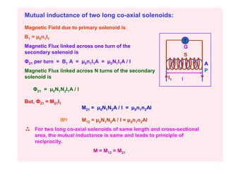 Mutual inductance of two long co-axial solenoids:
Magnetic Field due to primary solenoid is
B1 = µ0n1I1
Magnetic Flux linked across one turn of the                        G
secondary solenoid is                                              S
Φ21 per turn = B1 A = µ0n1I1A = µ0N1I1A / l                              A
Magnetic Flux linked across N turns of the secondary                     P
solenoid is                                              I1    l
   Φ21 = µ0N1N2I1A / l

But, Φ21 = M21I1
                         M21 = µ0N1N2A / l = µ0n1n2Al

               lllly     M12 = µ0N1N2A / l = µ0n1n2Al
    For two long co-axial solenoids of same length and cross-sectional
    area, the mutual inductance is same and leads to principle of
    reciprocity.
                             M = M12 = M21
 