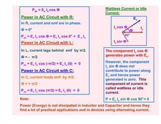 Pav = Ev Iv cos Φ                         Wattless Current or Idle
                                                   Current:
Power in AC Circuit with R:                                       Ev
In R, current and emf are in phase.
                                                        Iv cos Φ        Iv
Φ = 0°                                                             Φ
Pav = Ev Iv cos Φ = Ev Iv cos 0° = E v Iv                      90°

Power in AC Circuit with L:                             Iv sin Φ

In L, current lags behind emf by π/2.              The component Iv cos Φ
Φ = - π/2                                          generates power with Ev.

Pav = Ev Iv cos (-π/2) = Ev Iv (0) = 0             However, the component
                                                   Iv sin Φ does not
Power in AC Circuit with C:                        contribute to power along
                                                   Ev and hence power
In C, current leads emf by π/2.
                                                   generated is zero. This
Φ = + π/2                                          component of current is
                                                   called wattless or idle
Pav = Ev Iv cos (π/2) = Ev Iv (0) = 0
                                                   current.
Note:                                              P = Ev Iv sin Φ cos 90°= 0
Power (Energy) is not dissipated in Inductor and Capacitor and hence they
find a lot of practical applications and in devices using alternating current.
 