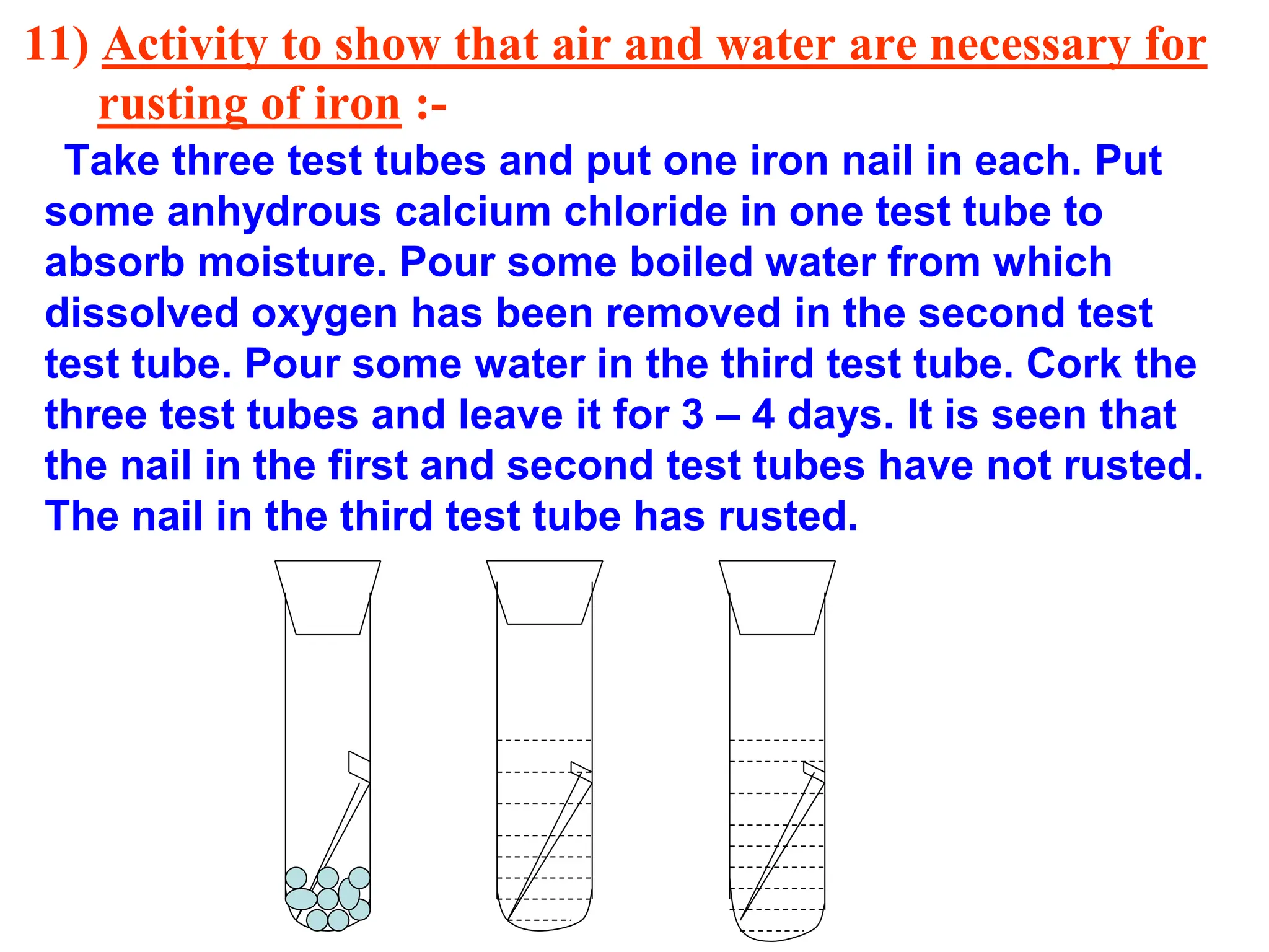 11) Activity to show that air and water are necessary for
rusting of iron :-
Take three test tubes and put one iron nail in each. Put
some anhydrous calcium chloride in one test tube to
absorb moisture. Pour some boiled water from which
dissolved oxygen has been removed in the second test
test tube. Pour some water in the third test tube. Cork the
three test tubes and leave it for 3 – 4 days. It is seen that
the nail in the first and second test tubes have not rusted.
The nail in the third test tube has rusted.
 