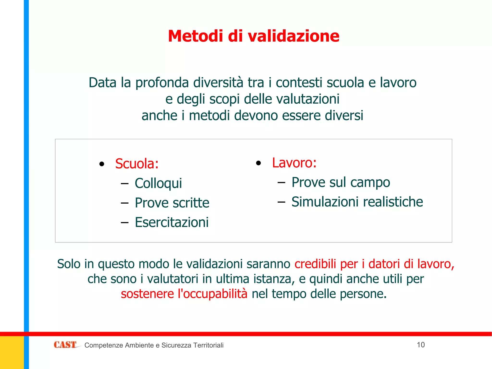 Metodi di validazione

      Data la profonda diversità tra i contesti scuola e lavoro
                   e degli scopi delle valutazioni
               anche i metodi devono essere diversi


         • Scuola:                                  • Lavoro:
            – Colloqui                                 – Prove sul campo
            – Prove scritte                            – Simulazioni realistiche
            – Esercitazioni


Solo in questo modo le validazioni saranno credibili per i datori di lavoro,
      che sono i valutatori in ultima istanza, e quindi anche utili per
            sostenere l'occupabilità nel tempo delle persone.


     Competenze Ambiente e Sicurezza Territoriali                             10
 