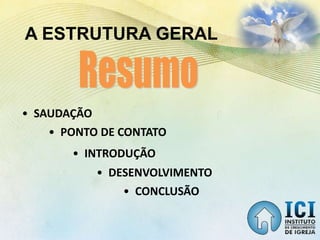 A ESTRUTURA GERAL
• SAUDAÇÃO
• PONTO DE CONTATO
• DESENVOLVIMENTO
• CONCLUSÃO
• INTRODUÇÃO
 