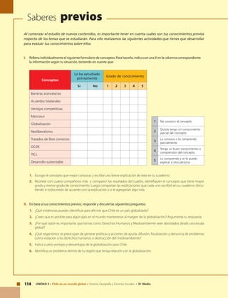U N I D A D 1
114 UNIDAD 3 • Chile en un mundo global • Historia, Geografía y Ciencias Sociales • IV Medio
Saberes previos
Al comenzar el estudio de nuevos contenidos, es importante tener en cuenta cuáles son tus conocimientos previos
respecto de los temas que se estudiarán. Para ello realizamos las siguientes actividades que tienes que desarrollar
para evaluar tus conocimientos sobre ellos.
I.	 Rellena individualmente el siguiente formulario de conceptos. Para hacerlo, indica con una X en la columna correspondiente
la información según tu situación, teniendo en cuenta que:
	
Conceptos
Lo he estudiado
previamente
Grado de conocimiento
Sí No 1 2 3 4 5
Barreras arancelarias
Acuerdos bilaterales
Ventajas competitivas
Mercosur
Globalización
Neoliberalismo
Tratados de libre comercio
OCDE
TICs
Desarrollo sustentable
1 No conozco el concepto.
2
Quizás tengo un conocimiento
parcial del concepto.
3
Lo conozco o lo comprendo
parcialmente.
4
Tengo un buen conocimiento o
comprensión del concepto.
5
Lo comprendo y se lo puedo
explicar a otra persona.	
1.	 Escoge el concepto que mejor conozcas y escribe una breve explicación de éste en tu cuaderno.
2.	 Reúnete con cuatro compañeros más y comparen los resultados del cuadro, identifiquen el concepto que tiene mayor
grado y menor grado de conocimiento. Luego compartan las explicaciones que cada uno escribió en su cuaderno discu-
tiendo si todos están de acuerdo con la explicación o si le agregarían algo más.
II.	 En base a tus conocimientos previos, responde y discute las siguientes preguntas:
1. 	 ¿Qué evidencias puedes identificar para afirmar que Chile es un país globalizado?
2. 	 ¿Crees que es posible para algún país en el mundo mantenerse al margen de la globalización? Argumenta tu respuesta
3. 	 ¿Por qué razón es importante que temas como Derechos Humanos y Medioambiente sean abordados desde una escala
global?
4. 	 ¿Qué organismos se preocupan de generar políticas y acciones de ayuda, difusión, fiscalización y denuncia de problemas
como violación a los derechos humanos o destrucción del medioambiente?
5. 	 Indica cuatro ventajas y desventajas de la globalización para Chile.
6. 	 Identifica un problema dentro de tu región que tenga relación con la globalización.
 