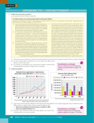 122 UNIDAD 3 • Chile en un mundo global • Historia, Geografía y Ciencias Sociales • IV Medio
U N I D A D 3
Capítulo 1
A c t i v i d a d e v a l u a t i v a
1.	 ¿Quécrisiseconómicaaparecereflejadaenlastendenciasdeambosgráficos?Sinolosabes,indagaquécrisissemanifestóenelaño
2008 y cuál fue su origen. Puedes revisar las siguientes páginas web:
–	 http://www.crashbolsa.com/crisis_financiera_mundial_de_2008
–	http://www.cipdel.cl/cipdel/?p=551
2.	 Señala en qué medida el análisis de ambos gráficos da cuenta de la
interdependencia económica global.
II.	 Análisis de gráficos
I.	 Análisis de una fuente secundaria
	 Lee la siguiente fuente histórica y responde:
1.	 ¿De qué manera se expresa en la fuente la interdependencia económica que ha experimentado Chile en las últimas décadas?
2.	 ¿En qué medida afecta la inflación en la crisis asiática de 1998 y cómo
afecta a Chile en particular?
3.	 En la fuente, ¿se ejemplifica una consecuencia negativa o positiva de la
interdependencia económica? Argumente tu respuesta.
La Crisis de Asia y sus consecuencias sobre la Economía Chilena
Extracto de la Presentación del señor Carlos Massad, Presidente del Banco Central, en el Seminario "¿Asia dónde?" Organizado por la
Bolsa Electrónica de Chile. Santiago, 7 de abril de 1998.
“14.	 Las consecuencias de la crisis deAsia sobre la economía mun-
dial han sido globales,afectando el crecimiento económico,los
precios absolutos y relativos, esto es la inflación, los términos
de intercambio y los tipo de cambio reales, y las variables
financieras, las tasas de interés y los flujos de capital.
15.	 El crecimiento mundial durante 1998 tenderá a ser menor
al esperado anteriormente.(…). Como es de esperarse, los
mayores impactos negativos en términos de crecimiento
se producirán en las economías de Asia que se han visto
directamente involucradas en la crisis y, en segundo lugar,
en las economías de países emergentes, incluyendo algunos
de América Latina.
16.	 Por otra parte, la inflación ha estado declinando en forma
importanteenelmundoenterodesdehaceunostresaños,(…).
En el escenario actual es probable que se acentúe la caída de la
inflación internacional en dólares,debido a las devaluaciones
en Asia, la probable caída en la actividad económica global y
los menores precios de las materias primas que se han estado
observando recientemente.Esta no es una crisis inflacionaria
y puede ser una crisis deflacionaria.
17.	 A su vez las menores perspectivas de crecimiento mun-
dial tenderán a provocar una menor demanda por cobre
y otras materias primas de exportación. Esta situación ya
se ha reflejado en una disminución del precio del metal,
que se ubica actualmente bajo los 80 centavos de dólar la
libra, alrededor de 20 centavos por debajo de su nivel de
pre-crisis. Las estimaciones de diversas fuentes indican
un precio promedio de alrededor de 80 centavos para este
año. El precio de otros productos básicos, como la celulosa,
también ha sentido el efecto de la crisis, mostrando una
significativa caída entre octubre y marzo; sin embargo, el
precio de la celulosa en las últimas semanas ha comenzado
una recuperación. Respecto del petróleo, una serie de fac-
tores han llevado a que su precio pasara de un promedio
de US$ 19 el barril en 1997, a un promedio acumulado en
torno a los US$ 15 el barril en lo que va corrido de 1998. Sin
bien es cierto el precio hoy día es aun más bajo que este
promedio, deberíamos esperar un leve recuperación en los
próximos meses: las proyecciones de consenso indican un
precio de casi US$ 17 por barril para fines de 1998”.
En Fuente:http://www.direcon.gob.cl/sites/www.direcon.gob.cl/files/bibliotecas/Informe%20C.%20Exterior%204trimestre2010.pdf Consulta 5 de abril de 2013.
Fuente: Evaluación de las relaciones comerciales entre Chile y China a cinco años de la
entrada en vigencia del Tratado de Libre Comercio. DIRECON, 2011.
Evolución de las exportaciones e importaciones
desde Chile a China 2003-2010 (en millones de dólares)
20.000
18.000
16.000
14.000
12.000
10.000
8.000
6.000
4.000
2.000
0
2003
2004
2005
2006
2007
2008
2009
2010
Exportaciones FOB Importaciones CIF
Comercio Chile California (USA)
entre años 2000 y 2010
Fuente: En http://www.amchamchile.cl/content/comercio-chile-california-0
Consulta 26 de noviembre de 2013.
Procedimientos y estrategias
Revisa las indicaciones que se entregan para
analizar una fuente escrita en la página 158
delTexto.
Procedimientos y estrategias
Revisa las indicaciones que se entregan para
analizar un gráfico en la página 121 delTexto.
3.000.000.000
2.500.000.000
2.000.000.000
1.500.000.000
1.000.000.000
500.000.000
0
2008 2009 2010
Exportaciones a Chile Importaciones desde Chile Comercio total
ValortotalUSD
 