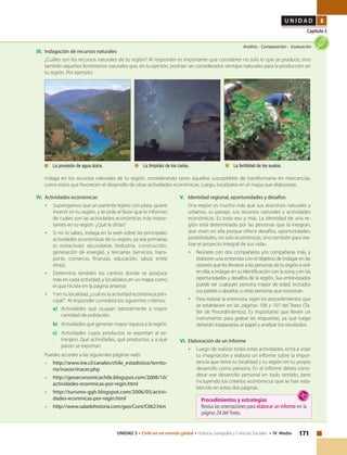 171UNIDAD 3 • Chile en un mundo global • Historia, Geografía y Ciencias Sociales • IV Medio
U N I D A D 3
Capítulo 3
Análisis • Comparación • Evaluación
III. 	Indagación de recursos naturales
	 ¿Cuáles son los recursos naturales de tu región? Al responder es importante que consideres no solo lo que se produce, sino
también aquellos fenómenos naturales que, en tu opinión, podrían ser considerados ventajas naturales para la producción en
tu región. Por ejemplo:
	 Indaga en los recursos naturales de tu región, considerando tanto aquellos susceptibles de transformarse en mercancías,
como estos que favorecen el desarrollo de otras actividades económicas. Luego, localízalos en el mapa que elaboraste.
IV. 	Actividades económicas
•	 Supongamos que un pariente lejano con plata, quiere
invertir en tu región, y te pide el favor que le informes
de cuáles son las actividades económicas más impor-
tantes en tu región. ¿Qué le dirías?
•	 Si no lo sabes, indaga en la web sobre las principales
actividades económicas de tu región, ya sea primarias
(o extractivas) secundarias (industria, construcción,
generación de energía), y terciarias (servicios, trans-
porte, comercio, finanzas, educación, salud, entre
otras).
•	 Determina también los centros donde se produce
más en cada actividad, y localízalos en un mapa como
el que hiciste en la página anterior.
•	 Y en tu localidad, ¿cuál es la actividad económica prin-
cipal? Al responder considera los siguientes criterios:
a) 	Actividades que ocupan laboralmente a mayor
cantidad de población.
b) 	 Actividades que generan mayor riqueza a la región.
c) 	 Actividades cuyos productos se exportan al ex-
tranjero. Qué actividades, qué productos, y a qué
países se exportan.
	 Puedes acceder a las siguientes páginas web:
–	http://www.ine.cl/canales/chile_estadistico/territo-
rio/inacer/inacer.php
–	http://geoeconomicachile.blogspot.com/2008/10/
actividades-econmicas-por-regin.html
–	http://turismo-ggh.blogspot.com/2006/05/activi-
dades-econmicas-por-regin.html
–	http://www.saladehistoria.com/geo/Cont/C062.htm
V. 	 Identidad regional, oportunidades y desafíos
	 Una región es mucho más que sus atractivos naturales y
urbanos, su paisaje, sus recursos naturales y actividades
económicas. Es todo eso y más. La identidad de una re-
gión está determinada por las personas que la integran,
que viven en ella porque ofrece desafíos, oportunidades,
posibilidades, no solo económicas, sino también para rea-
lizar el proyecto integral de sus vidas.
•	 Reúnete con dos compañeros y/o compañeras más, y
elaboren una entrevista con el objetivo de indagar en las
razones que les llevaron a las personas de tu región a vivir
en ella; a indagar en su identificación con la zona, y en las
oportunidades y desafíos de la región. Sus entrevistados
puede ser cualquier persona mayor de edad, incluidos
sus padres o abuelos, u otras personas que conozcan.
•	 Para realizar la entrevista, sigan los procedimientos que
se establecen en las páginas 106 y 107 del Texto (Ta-
ller de Procedimientos). Es importante que lleven un
instrumento para grabar las respuestas, ya que luego
deberán traspasarlas al papel y analizar los resultados.
VI. 	Elaboración de un informe
•	 Luego de realizar todas estas actividades, echa a volar
tu imaginación y elabora un informe sobre la impor-
tancia que tiene tu localidad y tu región en tu propio
desarrollo como persona. En el informe debes consi-
derar ese desarrollo personal en todo sentido, pero
incluyendo los criterios económicos que se han esta-
blecido en estas dos páginas.
	 La provisión de agua dulce. 	 La limpidez de los cielos. 	 La fertilidad de los suelos.
Procedimientos y estrategias
Revisa las orientaciones para elaborar un informe en la
página 24 del Texto.
 